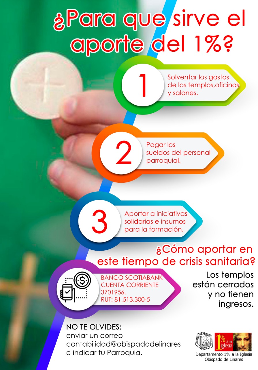 Hoy más que nunca tu 1% a la Iglesia se hace necesario, contamos con tu aporte para seguir apoyando el trabajo pastoral y social de cada parroquia.